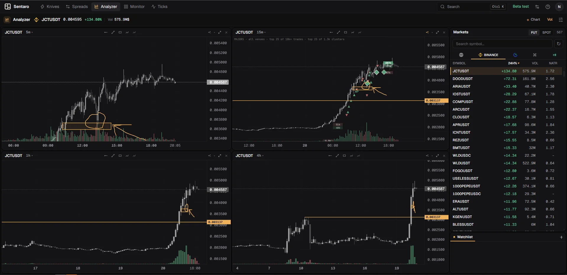 Sentaro Analyzer: one coin on four timeframes with drawings and big-order levels, beside the market list
