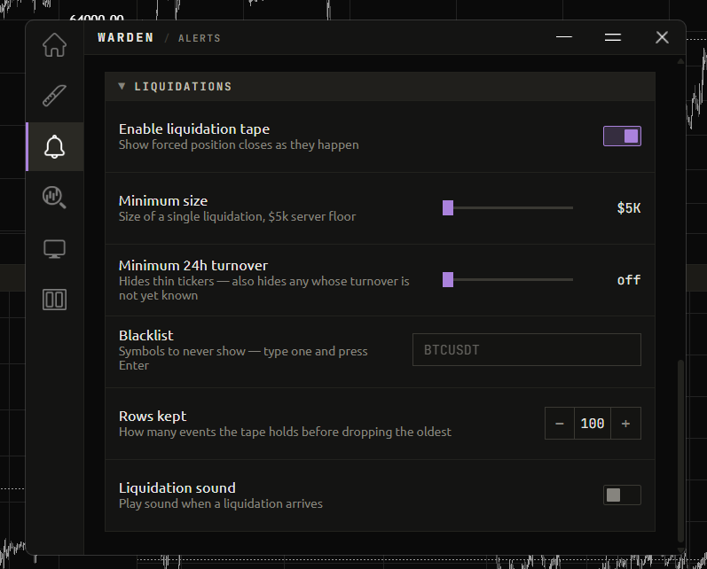 The liquidation settings in the Alerts tab