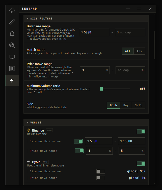 The Ticks settings in the main window